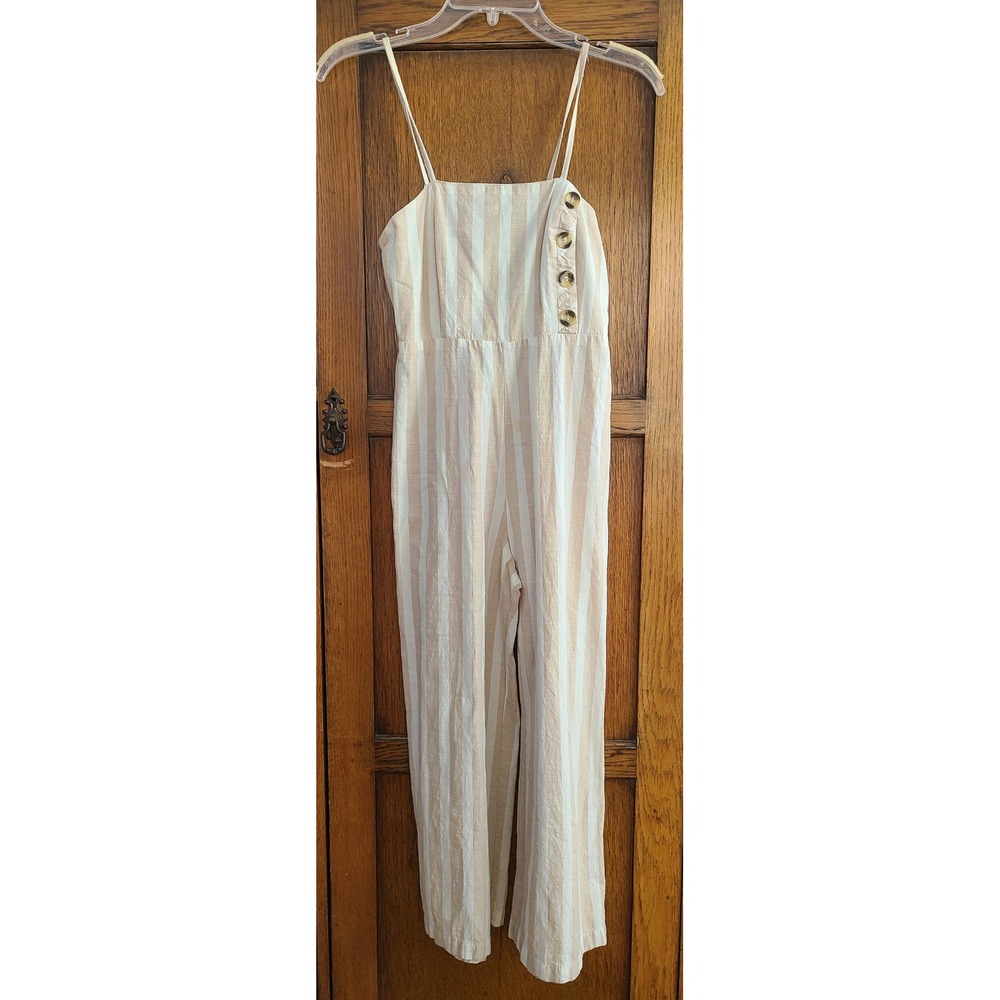 Japna Womens Beige White Striped Wide Leg Jumpsuit XS Smocked Back Cotton